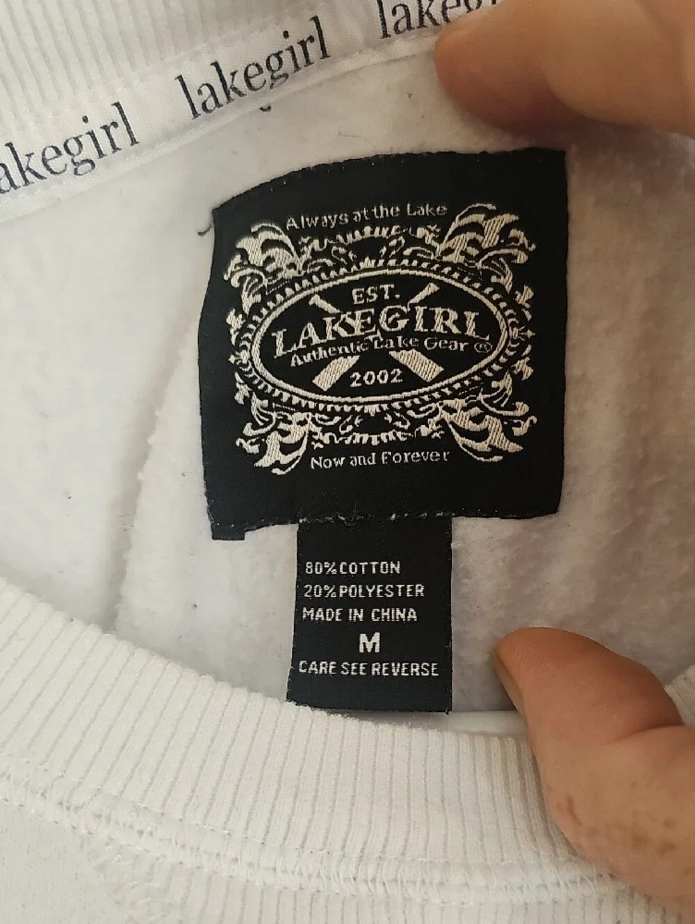 LakeGirl White Crewneck Sweatshirt with Red Plaid Lettering - Picture 2 of 4